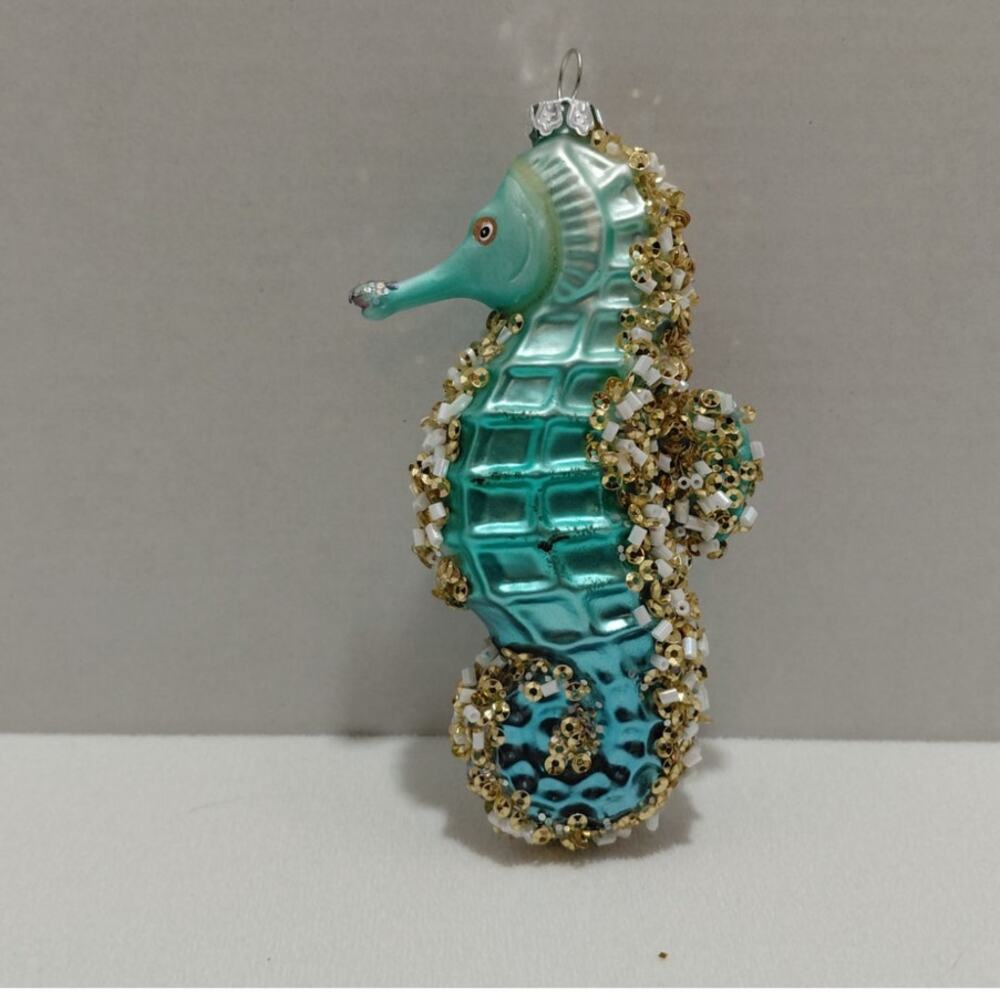 Vintage Christmas Ornament Blown Glass Turquoise Blue Seahorse
